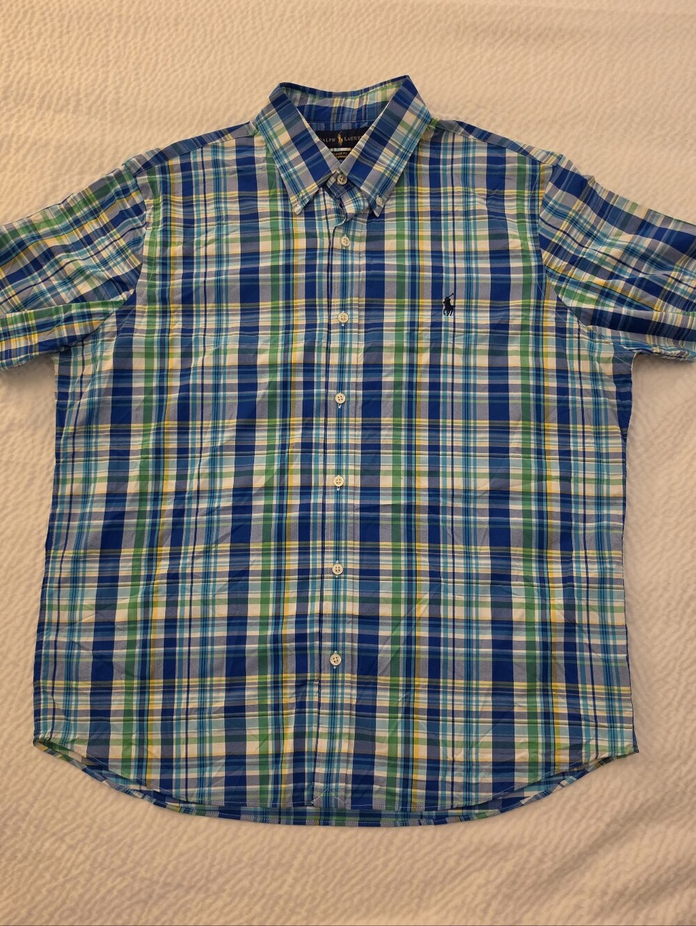 Ralph Lauren Blue, Green & White Plaid Short-Sleeve Button-Down Shirt